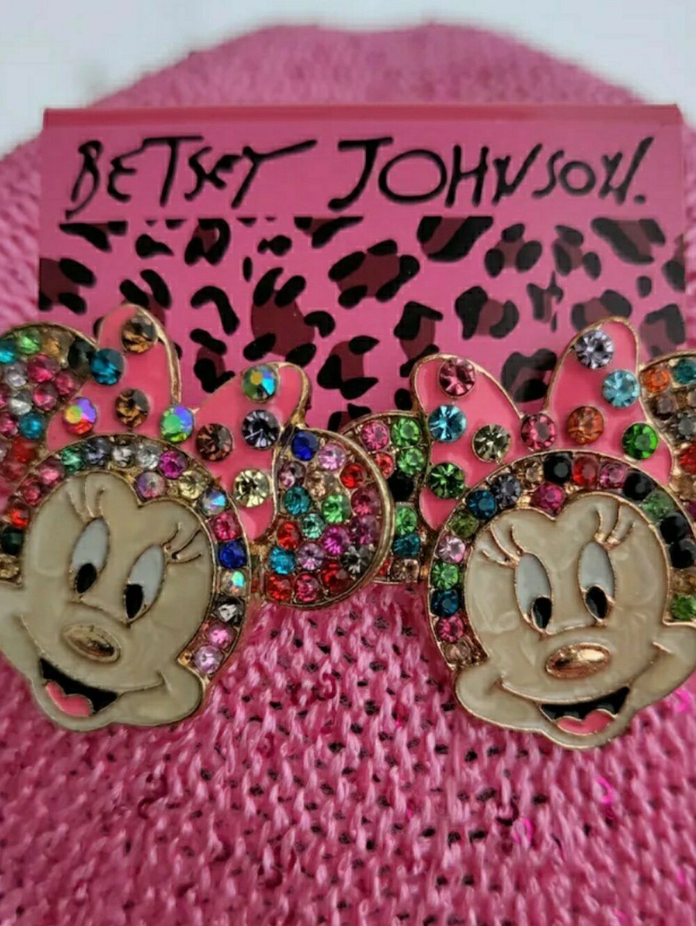 NWT Betsey Johnson Pink Minnie Mouse Crystal Multi-Color Earrings